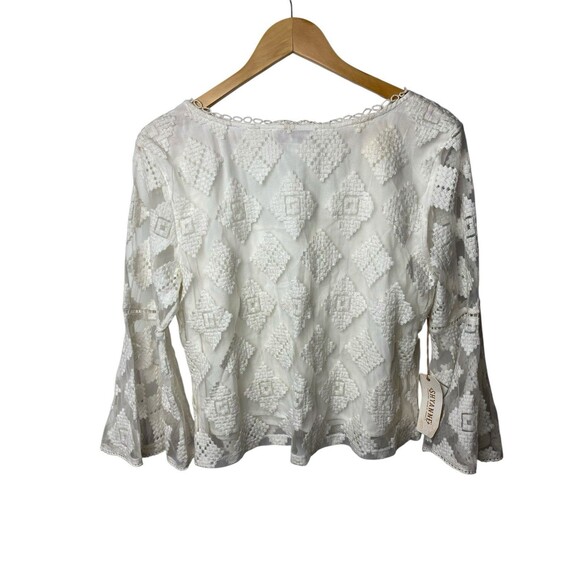 Shyanne Diamond Embroidered Mesh Top Ivory Bell Sleeve Lace Boho Western Sz L - Picture 6 of 10